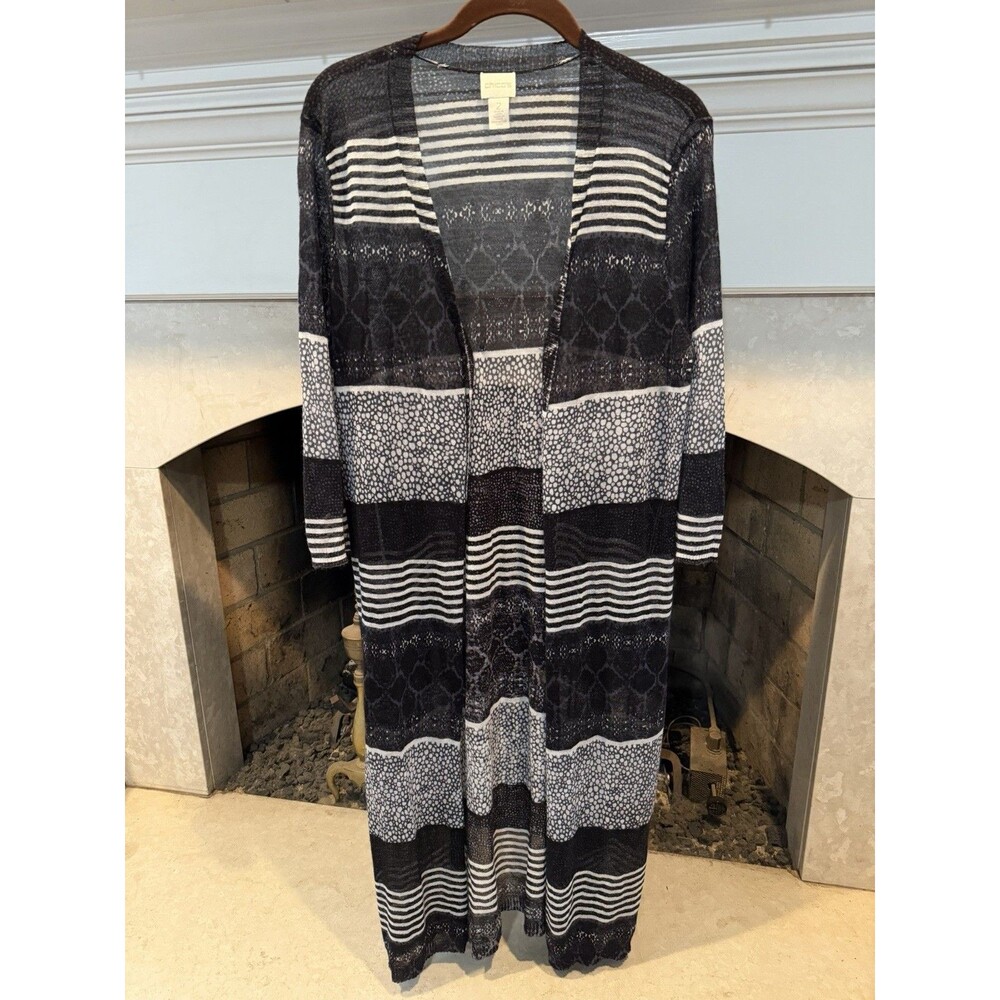 Zenergy By Chicos Sz 2 US L Gray/Black/White Striped Long Duster Button Cardigan